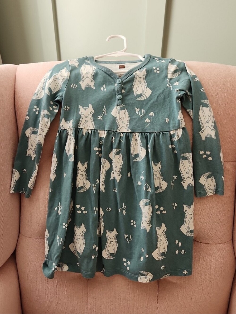 Tea Collection Teal Green Fox Print Long Sleeve Dress